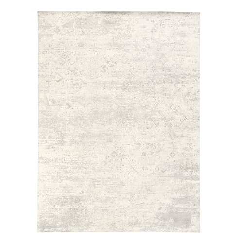 Whisper White, Silk with Textured Wool, Modern, Erased Dimensional Design, Hand Knotted, Oriental 
