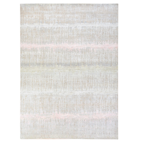 Beige with Gray, Hand Knotted, Cardiac Design with Pastel Colors, Textured Wool and Pure Silk, Oriental 