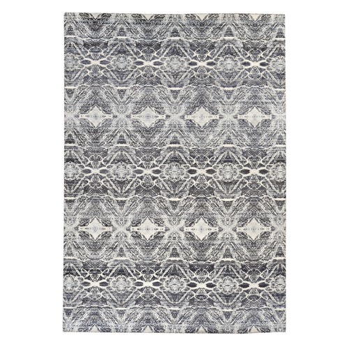Charcoal Black, Pure Silk, Fossil Design, Textured Pile, Hand Knotted, Oriental 