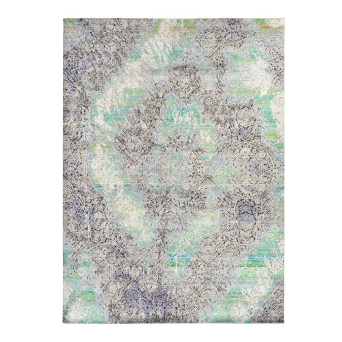Chocolate Brown with Greens, DIMINISHING COINS Design, Sari Silk with Textured Wool, Hand Knotted, Oriental 
