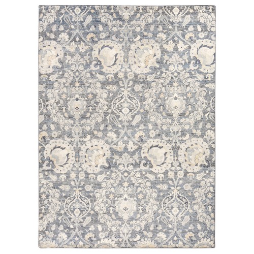 Ash Gray, Tulip and Large Blossom Design, Pure Silk with Textured Wool, Hand Knotted, Oriental 