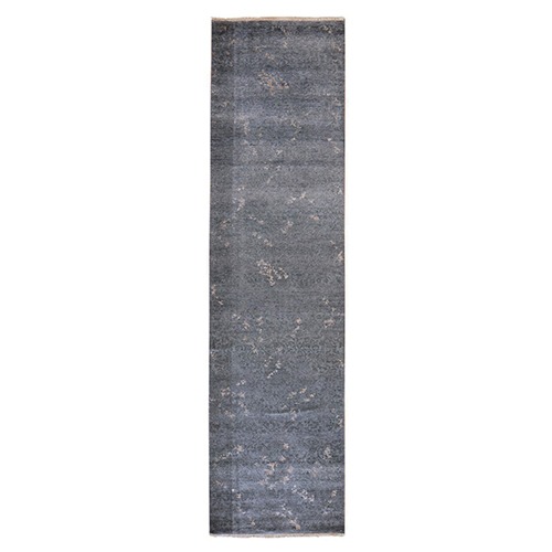 Charcoal Gray, Modern Design, Hand Knotted, Art Silk, Runner, Oriental 