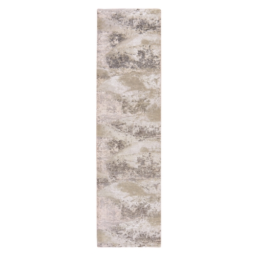 Ivory with Earth Tone Colors, Modern Abstract Design, Wool and Silk, Hand Knotted, Runner, Oriental 