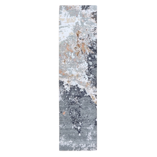 Shades of Gray, Modern Abstract Design, Wool and Silk, Hand Knotted, Dense Weave, Runner, Oriental 