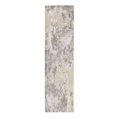 Brown with Gray, Modern Abstract Design, Wool and Silk, Hand Knotted, Runner, Oriental 