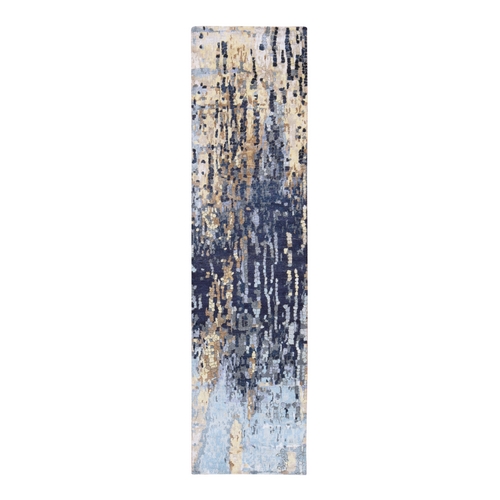 Shades of Blue with Gold, Hand Knotted, Mosaic Design, Wool and Silk, Runner, Oriental 