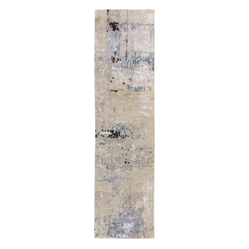 Beige-Gray, Modern Abstract Design, Hand Knotted, Wool & Silk, Runner, Oriental 