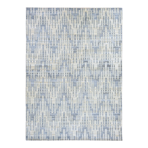 Airy Blue, Textured Wool and Pure Silk, Chevron Design, Hand Knotted, Oriental 
