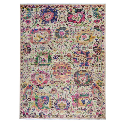 Bone White, Colorful Sulatanabad Re-Invented with Large Flower Design, Hand Knotted, Sari Silk, Oriental 