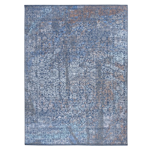 Ink Blue, Broken and Erased Persian Design, Wool and Silk, Hand Knotted, Oriental 
