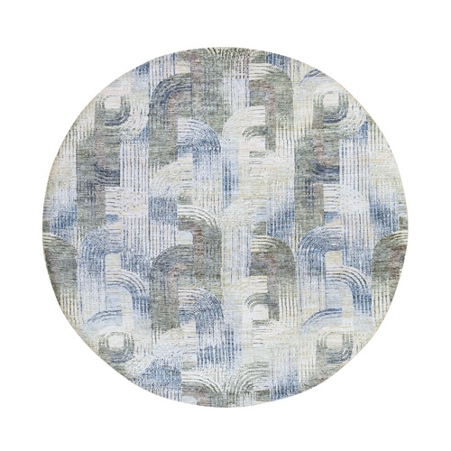 Beige, THE INTERTWINED PASSAGE, Hand Knotted, Silk with Textured Wool, Round, Oriental 