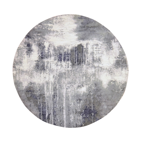 Black with Touches of Ivory, Modern Abstract Design, Hand Knotted, Wool and Silk, Round, Oriental, 