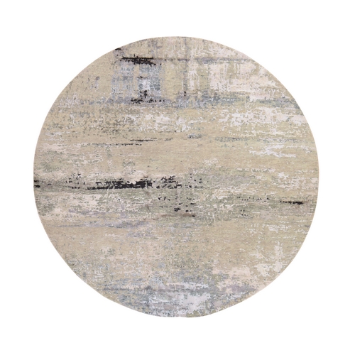 Beige-Gray, Modern Abstract Design, Hand Knotted, Wool & Silk, Round, Oriental 