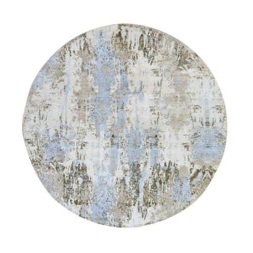 Ivory and Blue, Modern Abstract Design, Wool with Real Silk, Denser Weave, Hi-Low Pile, Hand Knotted, Round, Oriental 