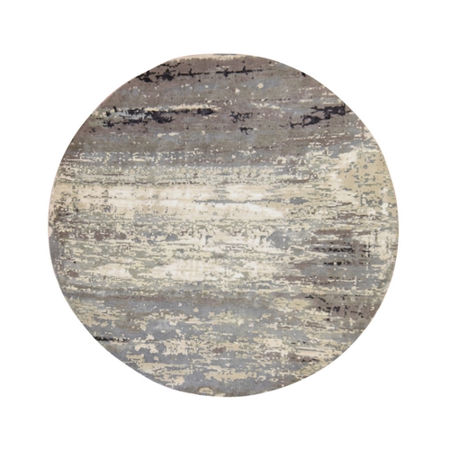 Oyster Gray, Modern Abstract Design, Hand Knotted, Wool and Silk, Hi-Low Pile, Round, Oriental 
