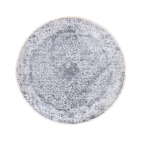 Silver Gray, Broken and Erased Persian Design, Tone on Tone, Wool and Pure Silk, Hand Knotted, Round, Oriental 