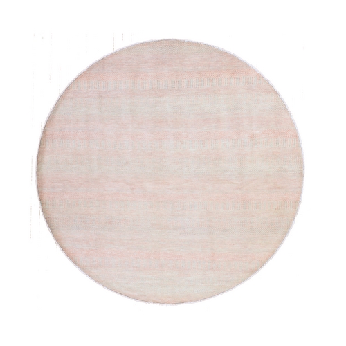 Peach Pink, Modern Grass Design, Tone on Tone, Hand Knotted, Wool and Silk, Round, Oriental 