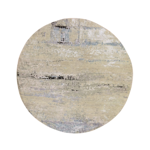 Beige-Gray, Modern Abstract Design, Hand Knotted, Wool & Silk, Round, Oriental 
