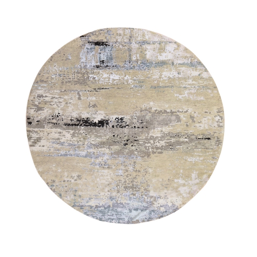 Beige-Gray, Modern Abstract Design, Wool & Silk, Hand Knotted, Round, Oriental 