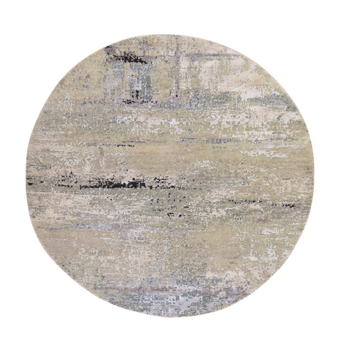 Beige-Gray, Modern Abstract Design, Hand Knotted, Wool & Silk, Round, Oriental 