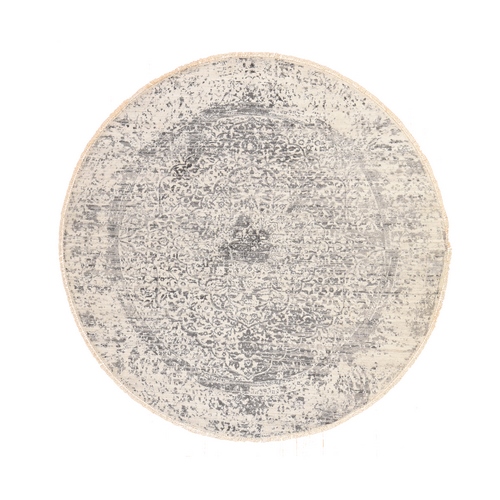 Silver Gray, Broken and Erased Persian Design, Tone on Tone, Hand Knotted, Wool and Pure Silk, Round, Oriental 