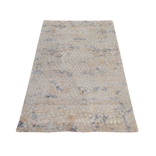 Beige, Wool and Pure Silk, Mosaic Design, Hand Knotted, Modern, Oriental 