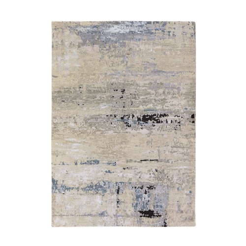 Beige-Gray, Modern Abstract Design, Hand Knotted, Wool & Silk, Hi-Low Pile, Oriental 