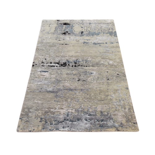 Beige-Gray, Modern Abstract Design, Hand Knotted, Wool & Silk, Hi-Low Pile, Oriental 