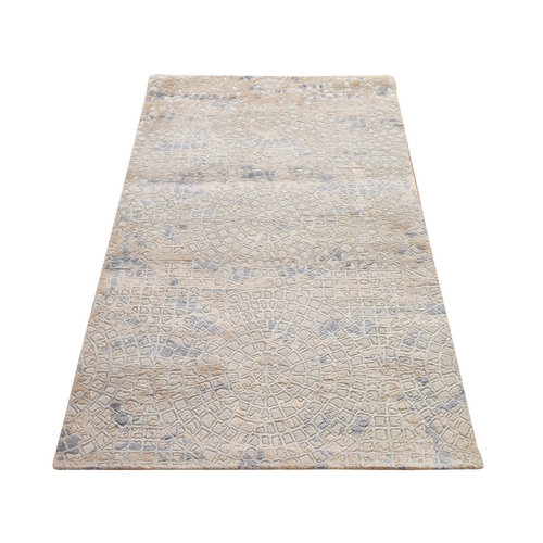 Beige, Wool and Pure Silk, Modern Mosaic Design, Hand Knotted, Oriental Rug