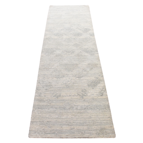 Light Gray, Modern Design, Hand Spun Undyed Natural Wool, Hand Knotted, Runner, Oriental 