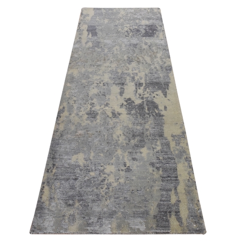 Anchor Gray, Modern Abstract Design, Hi-low Pile, Hand Knotted, Wool and Silk, Runner, Oriental Rug
