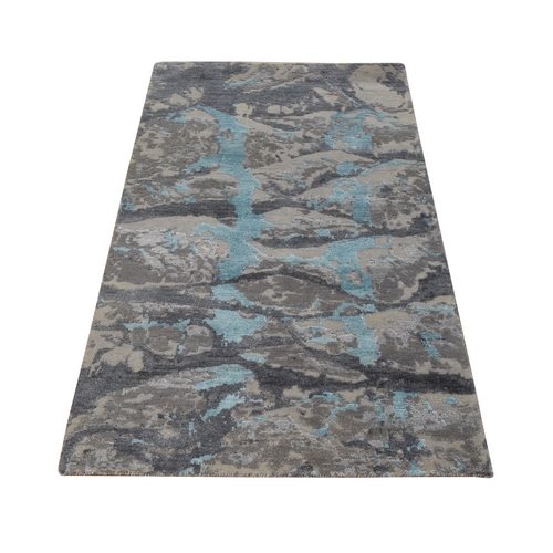 Dim Gray, Aquamarine Modern Design, Wool and Silk, Hi-low Pile, Hand Knotted, Oriental Rug