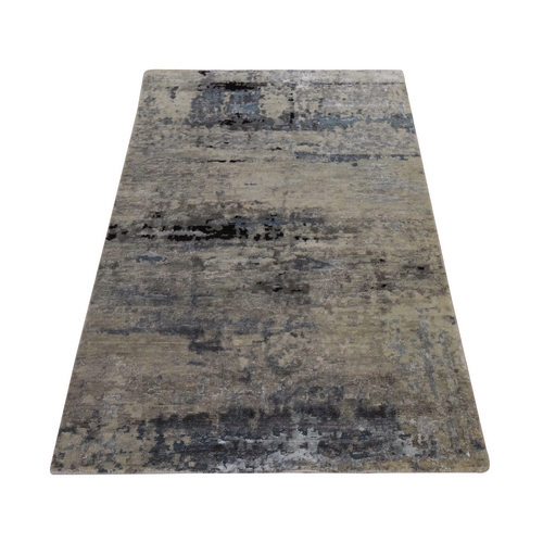 Beige-Gray, Modern Abstract Design, Hi-low Pile, Hand Knotted, Wool & Silk, Oriental Rug