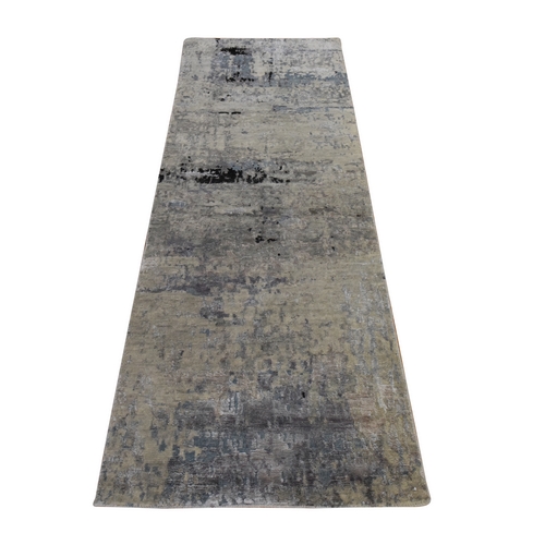 Beige-Gray, Modern Abstract Design, Hi-low Pile, Hand Knotted, Wool & Silk, Runner, Oriental Rug