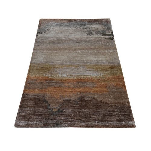 Shades of Brown, Modern Abstract Design, Wool and Silk, Hand Knotted, Oriental Rug