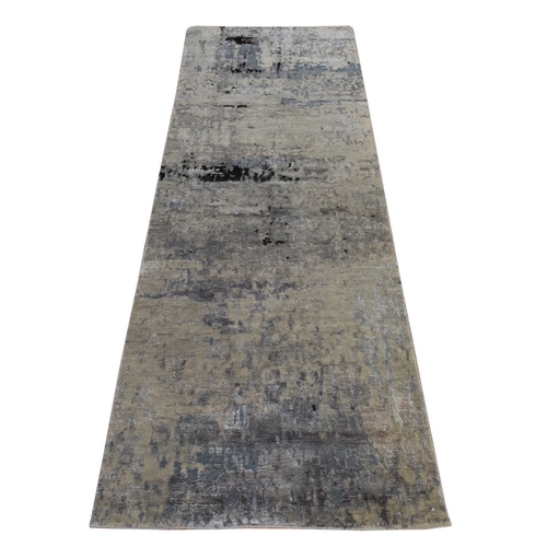 Beige-Gray, Modern Abstract Design, Hand Knotted, Wool & Silk, Hi-Low Pile, Runner, Oriental Rug
