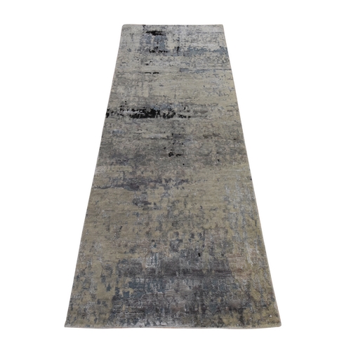 Beige-Gray, Modern Abstract Design, Hi-low Pile, Hand Knotted, Wool & Silk, Runner, Oriental Rug