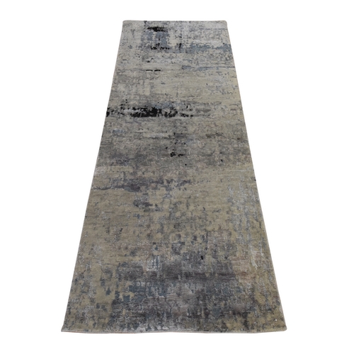 Beige-Gray, Modern Abstract Design, Hand Knotted, Wool & Silk, Hi-low Pile, Runner, Oriental Rug