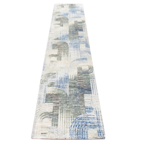 Cream White, THE INTERTWINED PASSAGE, Silk with Textured Wool, Hand Knotted, Runner, Oriental 