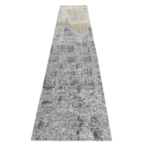 Stone Gray, Modern Abstract Design, Dense Weave, Wool and Silk, Hand Knotted, Runner, Oriental Rug