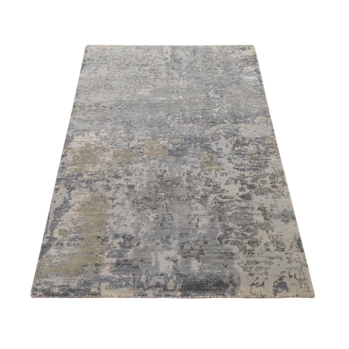 Misty Gray, Modern Erased Design, Wool and Silk, Hand Knotted, Oriental 