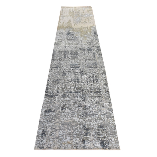 Stone Gray, Modern Abstract Design, Wool and Silk, Denser Weave, Hi-Low Pile, Hand Knotted, Runner, Oriental Rug