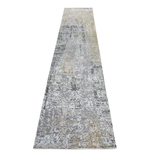 Stone Gray, Modern Abstract Design, Wool and Silk, Hi-Low Pile, Denser Weave, Hand Knotted, Narrow Runner, Oriental 