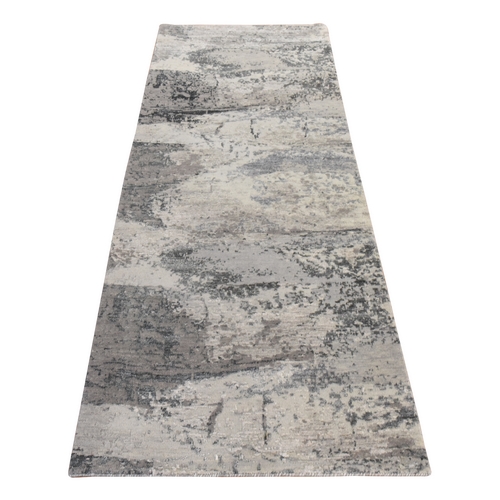 Shades of Gray, Modern Abstract Design, Hi-Low Pile, Wool and Silk, Hand Knotted, Runner, Oriental 