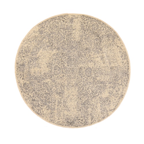 Beige-Gray, Erased Design, Fine Jacquard, Hand Loomed, Wool and Silk, Round, Oriental Beige-Gray, Erased Design, Fine Jacquard, Hand Loomed, Wool and Silk, Round, Oriental