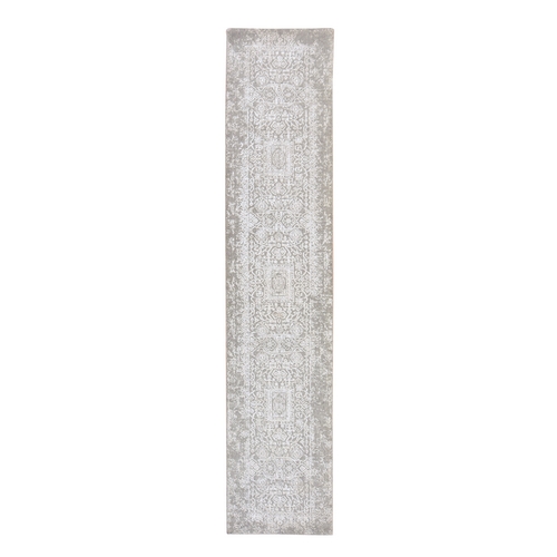 Spanish Gray, Fine Jacquard, Hand Loomed, Modern Design, Wool and Art Silk, Runner, Oriental 