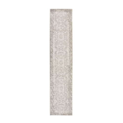 Spanish Gray, Fine Jacquard, Hand Loomed, Modern Design, Wool and Art Silk, Runner, Oriental 