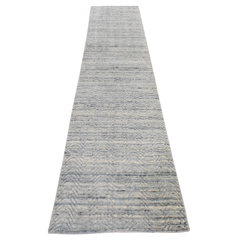 Ice Blue, Hand Loomed, Variegated Textured Design, Pure Wool, Modern, Runner, Oriental 