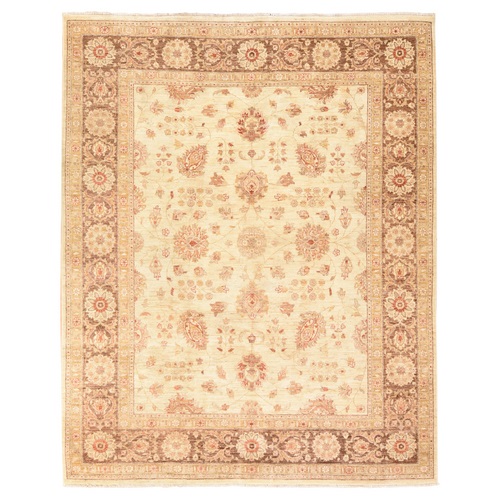 Beige with Chocolate Brown Border, Peshawar with Ziegler Mahal Design, Natural Wool, Hand Knotted, Denser Weave, Oriental 