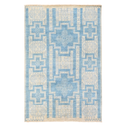 Ivory and Blue, Peshawar with Intricate Geometric Motifs, Pure Wool, Hand Knotted, Oriental 